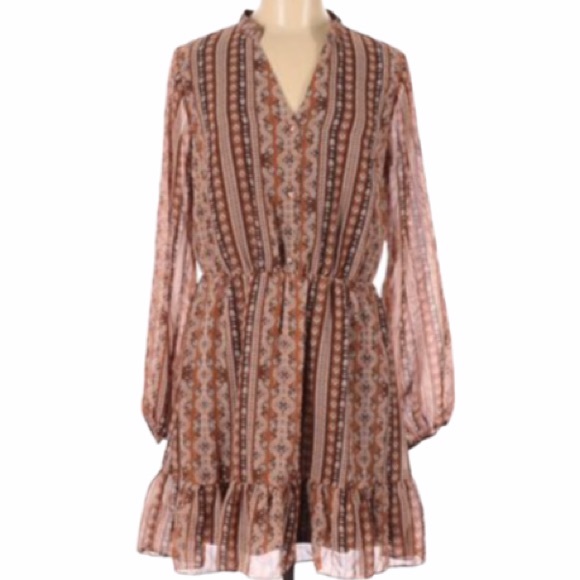 Charming Charlie Brown Printed Long Sleeve Dress - Picture 2 of 5